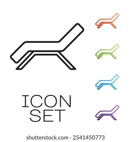 Icono de la cama solar de la línea negra aislado en el fondo blanco. Tumbona. Establecer iconos coloridos. Vector