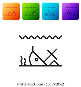 Black line Sunken ship at the bottom of the sea icon isolated on white background. Set icons in color square buttons. Vector Illustration