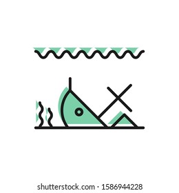 Black line Sunken ship at the bottom of the sea icon isolated on white background.  Vector Illustration