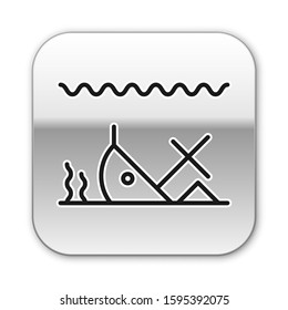 Black line Sunken ship at the bottom of the sea icon isolated on white background. Silver square button. Vector Illustration