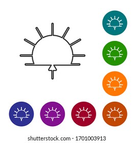 Black line Sunrise icon isolated on white background. Set icons in color circle buttons. Vector Illustration