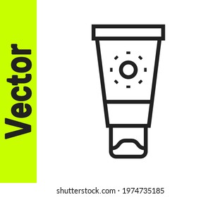 Black line Sunscreen cream in tube icon isolated on white background. Protection for the skin from solar ultraviolet light.  Vector