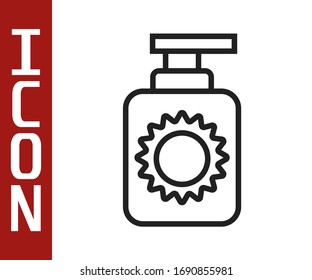Black line Sunscreen spray bottle icon isolated on white background. Protection for the skin from solar ultraviolet light.  Vector Illustration