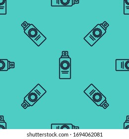 Black line Sunscreen spray bottle icon isolated seamless pattern on green background. Protection for the skin from solar ultraviolet light.  Vector Illustration