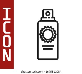 Black line Sunscreen spray bottle icon isolated on white background. Protection for the skin from solar ultraviolet light.  Vector Illustration
