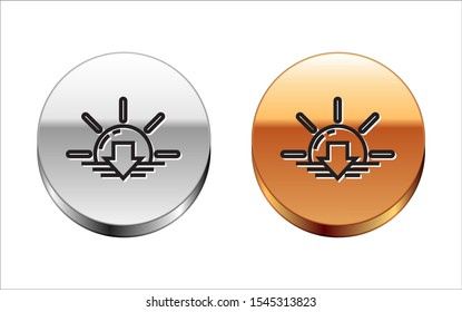 Black line Sunset icon isolated on white background. Silver-gold circle button. Vector Illustration