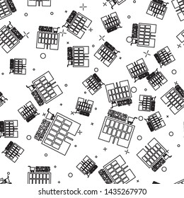 Black line Supermarket building with shopping cart icon isolated seamless pattern on white background. Shop or store. Mall building.  Vector Illustration