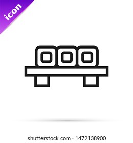 Black line Sushi on cutting board icon isolated on white background. Asian food sushi on wooden board.  Vector Illustration