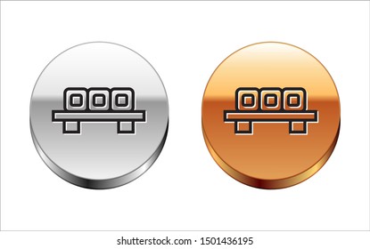 Black line Sushi on cutting board icon isolated on white background. Asian food sushi on wooden board. Silver-gold circle button. Vector Illustration