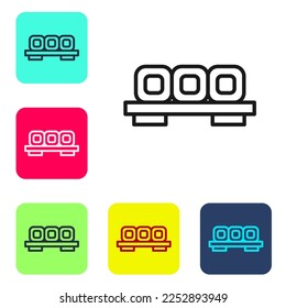 Black line Sushi on cutting board icon isolated on white background. Asian food sushi on wooden board. Set icons in color square buttons. Vector