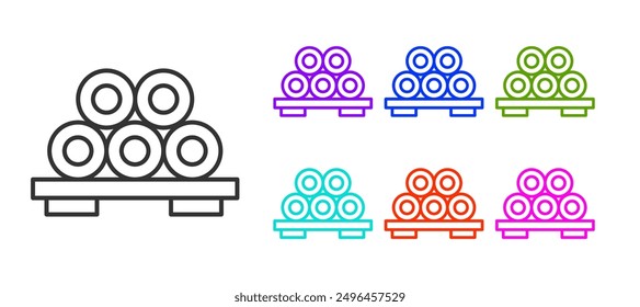 Black line Sushi on cutting board icon isolated on white background. Asian food sushi on wooden board. Set icons colorful. Vector