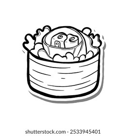 Linha preta Sushi Roll Peixe e Vegetal em silhueta branca e sombra cinza. Estilo desenhado à mão desenhos animados. ilustração para decorar e qualquer design.