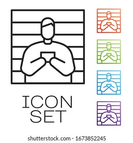 Black line Suspect criminal icon isolated on white background. The criminal in prison, suspected near the board. Set icons colorful. Vector Illustration