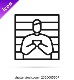 Black line Suspect criminal icon isolated on white background. The criminal in prison, suspected near the board.  Vector Illustration