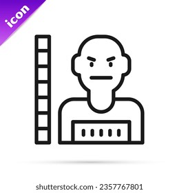 Black line Suspect criminal icon isolated on white background. The criminal in prison, suspected near the board.  Vector
