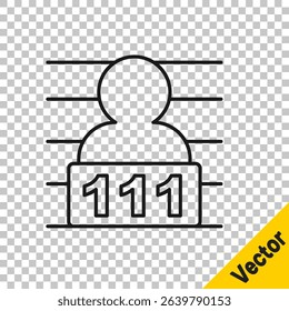 Black line Suspect criminal icon isolated on transparent background. The criminal in prison, suspected near the board.  Vector