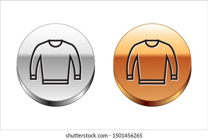 Black line Sweater icon isolated on white background. Pullover icon. Silver-gold circle button. Vector Illustration