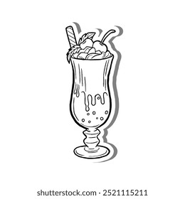 Black line Sweet Drink Cherry Parfait with Cream, leaves, and Wafer Sticks on white silhouette and gray shadow. Hand drawn cartoon style. Vector illustration for decorate and any design.