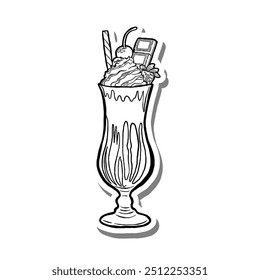 Black line Sweet Drink Parfait with Cream, Strawberry, Cherry, Chocolate, and Wafer Sticks on white silhouette and gray shadow. Hand drawn cartoon style. illustration for decorate and any design.