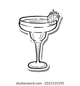 Black line Sweet Strawberry Martini Drink on white silhouette and gray shadow. Hand drawn cartoon style. illustration for decorate and any design.