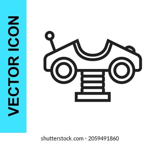 Black line Swing car on the playground icon isolated on white background. Childrens carousel with car. Amusement icon.  Vector