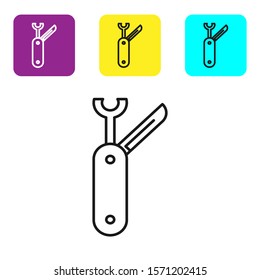 Black line Swiss army knife icon isolated on white background. Multi-tool, multipurpose penknife. Multifunctional tool. Set icons colorful square buttons. Vector Illustration