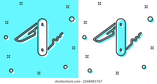 Black line Swiss army knife icon isolated on green and white background. Multi-tool, multipurpose penknife. Multifunctional tool. Random dynamic shapes. Vector