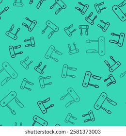 Black line Swiss army knife icon isolated seamless pattern on green background. Multi-tool, multipurpose penknife. Multifunctional tool.  Vector