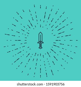 Black line Sword for game icon isolated on green background. Abstract circle random dots. Vector Illustration