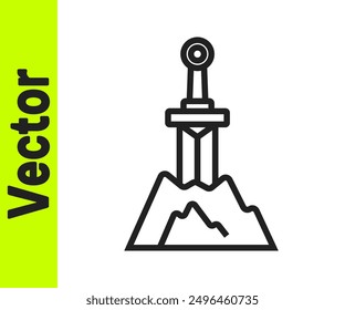 Black line Sword in the stone icon isolated on white background. Excalibur the sword in the stone from the Arthurian legends.  Vector