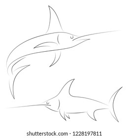Black line swordfish on white background. Hand drawing vector graphic fish. Sketch style. Animal illustration.