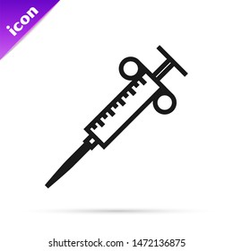 Black line Syringe icon isolated on white background. Syringe for vaccine, vaccination, injection, flu shot. Medical equipment.  Vector Illustration