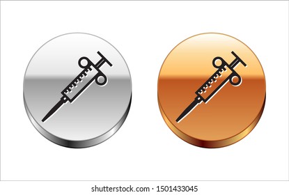 Black line Syringe icon isolated on white background. Syringe for vaccine, vaccination, injection, flu shot. Medical equipment. Silver-gold circle button. Vector Illustration
