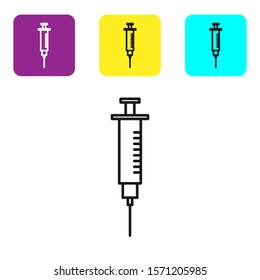 Black line Syringe icon isolated on white background. Syringe for vaccine, vaccination, injection, flu shot. Medical equipment. Set icons colorful square buttons. Vector Illustration