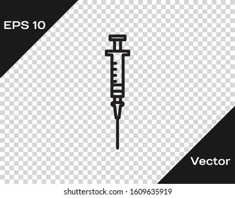 Black line Syringe icon isolated on transparent background. Syringe for vaccine, vaccination, injection, flu shot. Medical equipment.  Vector Illustration