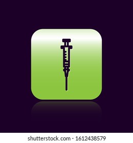 Black line Syringe icon isolated on black background. Syringe for vaccine, vaccination, injection, flu shot. Medical equipment. Green square button. Vector Illustration