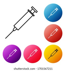 Black line Syringe icon isolated on white background. Syringe for vaccine, vaccination, injection, flu shot. Medical equipment. Set icons colorful circle buttons. Vector Illustration