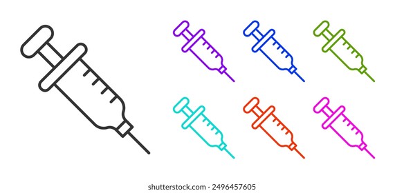 Black line Syringe icon isolated on white background. Syringe for vaccine, vaccination, injection, flu shot. Medical equipment. Set icons colorful. Vector