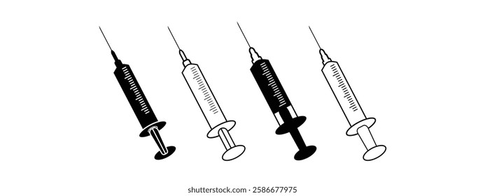 Black line Syringe icon isolated on white background. Syringe for vaccine, vaccination, injection, flu shot. Medical equipment. Set icons colorful. Vector