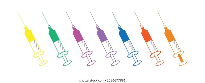 Black line Syringe icon isolated on white background. Syringe for vaccine, vaccination, injection, flu shot. Medical equipment. Set icons colorful. Vector