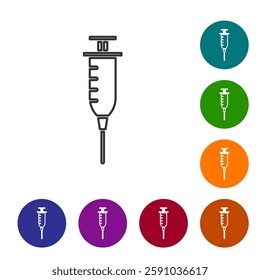 Black line Syringe icon isolated on white background. Syringe for vaccine, vaccination, injection, flu shot. Medical equipment. Set icons in color circle buttons. Vector Illustration