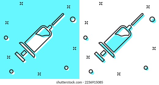 Black line Syringe with serum icon isolated on green and white background. Syringe for vaccine, vaccination, injection, flu shot. Medical equipment. Random dynamic shapes. Vector