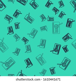 Black line System bug concept icon isolated seamless pattern on green background. Code bug concept. Bug in the system. Bug searching.  Vector Illustration