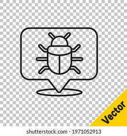 Black line System bug concept icon isolated on transparent background. Code bug concept. Bug in the system. Bug searching.  Vector