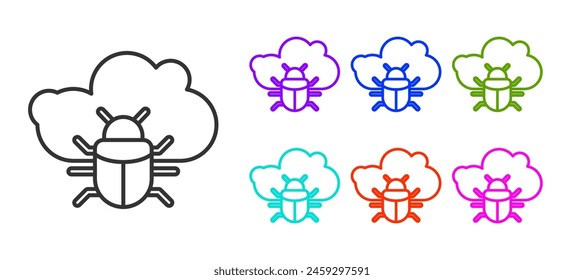Black Line System Bug auf einer Wolke Symbol isoliert auf weißem Hintergrund. Cloud-Computing-Entwurfskonzept. Digitale Netzwerkverbindung. Farbige Symbole festlegen. Vektorgrafik