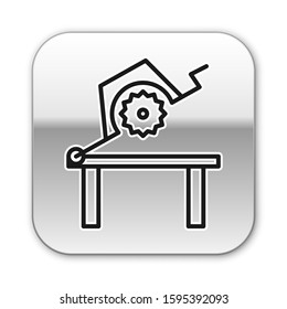 Black line Table saw for woodwork icon isolated on white background. Power saw bench. Silver square button. Vector Illustration
