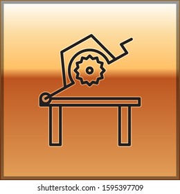 Black line Table saw for woodwork icon isolated on gold background. Power saw bench.  Vector Illustration