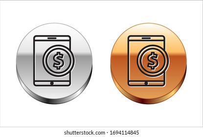 Black line Tablet with dollar symbol icon isolated on white background. Online shopping concept. Financial mobile phone. Online payment. Silver-gold circle button. Vector Illustration