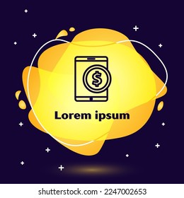 Black line Tablet with dollar symbol icon isolated on blue background. Online shopping concept. Financial mobile phone. Online payment. Abstract banner with liquid shapes. Vector Illustration