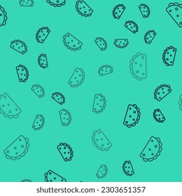 Black line Taco with tortilla icon isolated seamless pattern on green background. Traditional mexican fast food menu.  Vector
